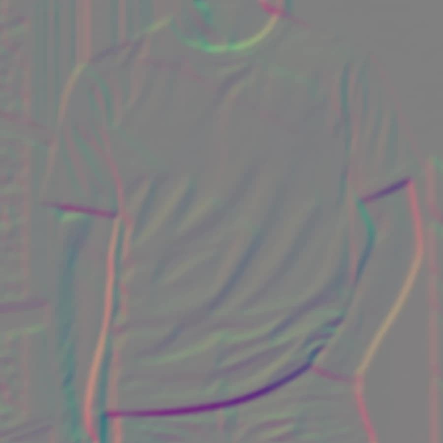The displacement map derived from that tee photograph, showing its folds as colour
