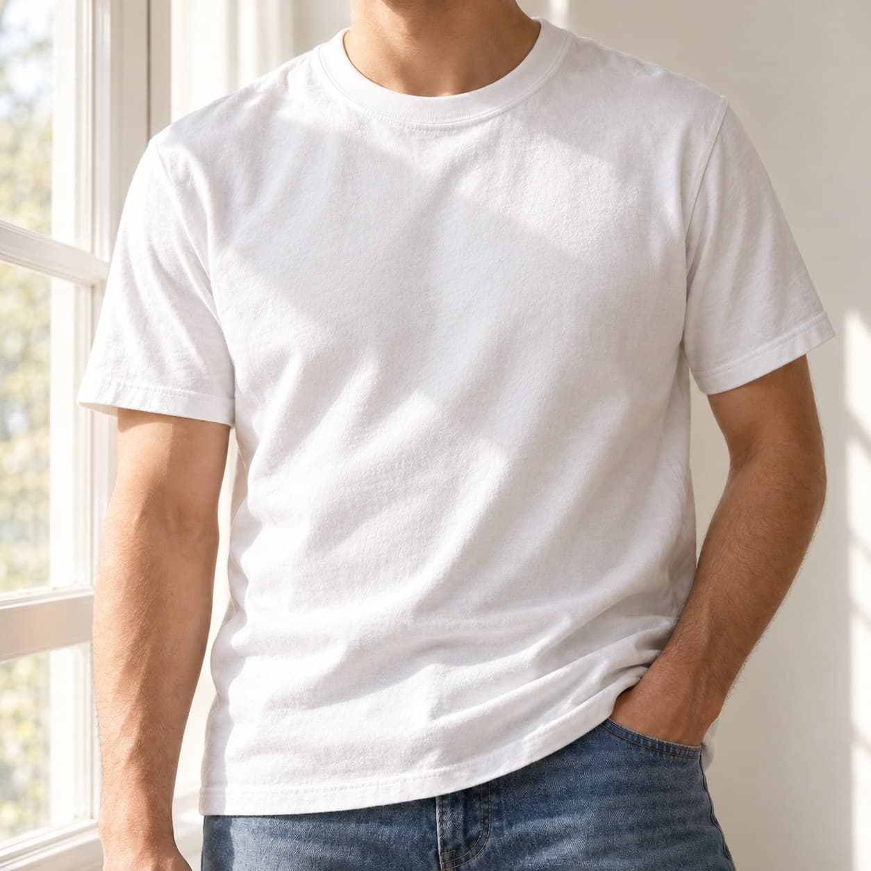 A plain white tee, worn by the window, that the print goes onto