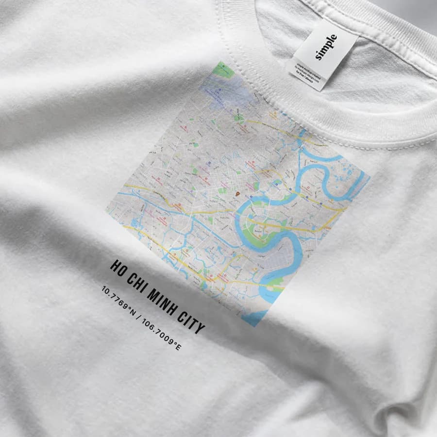 A street map of Ho Chi Minh City printed on the chest of a white tee