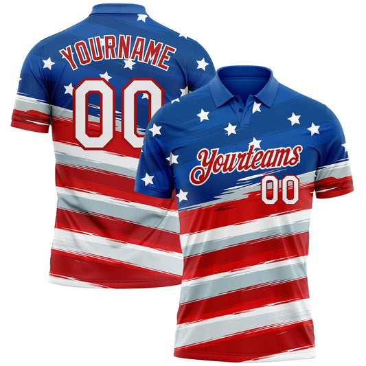 Custom Royal Red White 3D American Flag Performance Golf Polo Shirt