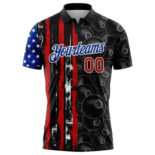 Custom Black Red-Royal 3D Pattern Design Billiards Snooker 8 Ball American Flag Performance Polo Shirt New