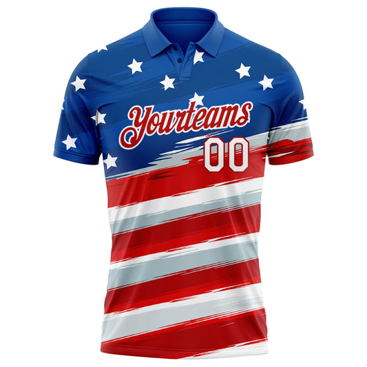 Custom Royal Red White 3D American Flag Performance Golf Polo Shirt