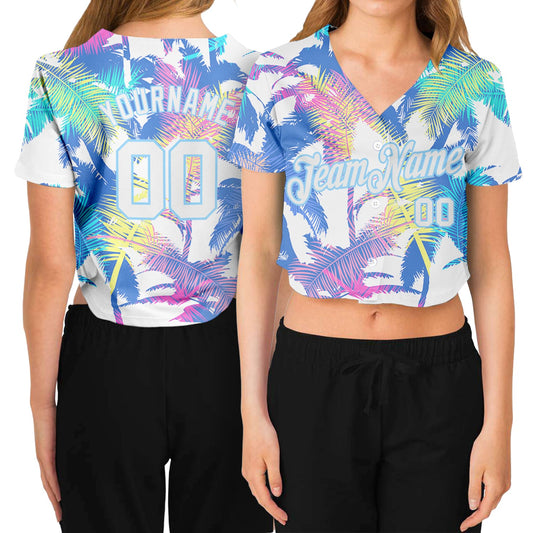 Custom Women's White White-Light Blue Hawaii Palm Trees 3D V-Neck Cropped Baseball Jersey New