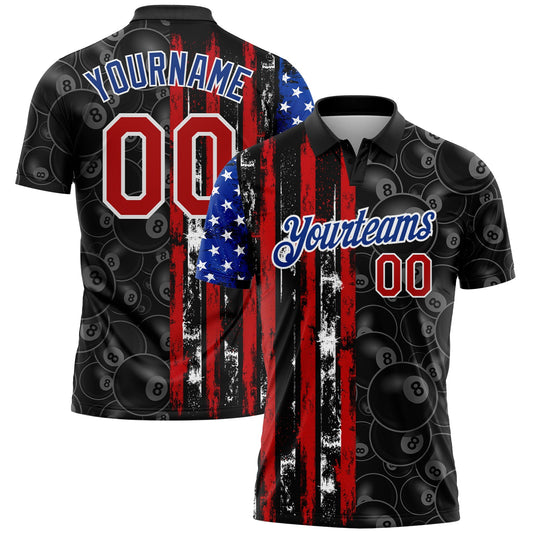 Custom Black Red-Royal 3D Pattern Design Billiards Snooker 8 Ball American Flag Performance Polo Shirt New