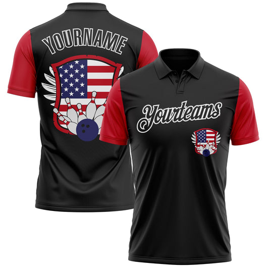 Custom Black White 3D Bowling American Flag Performance Polo Shirt Style 3